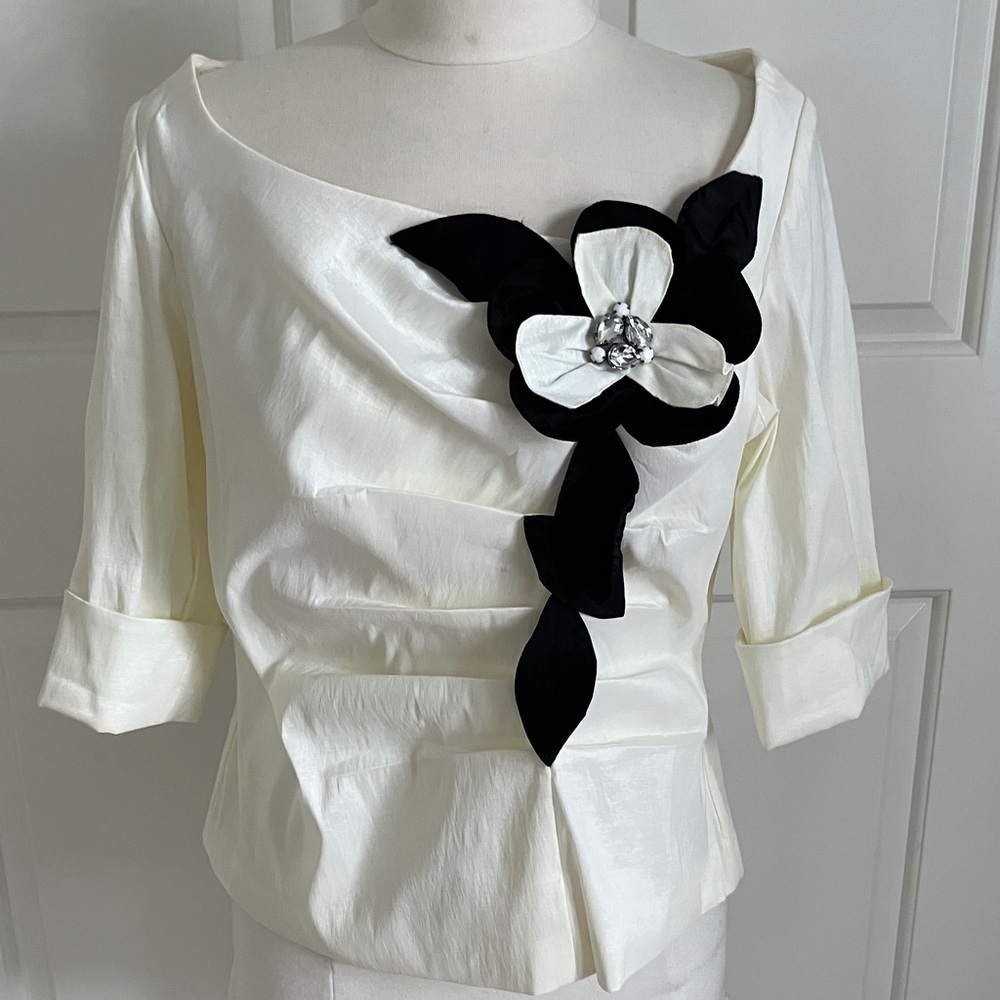 Elegant White Blouse with Black Floral Detail
